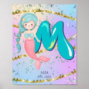 Letter M Monogram Watercolor Cute Mermaid Nursery Poster