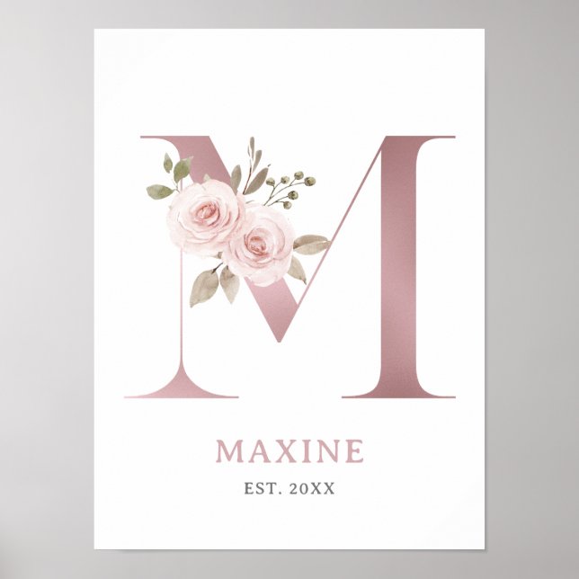 Letter M Monogram Watercolor Rose Florals Nursery  Poster (Front)