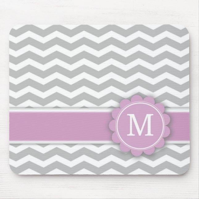 Letter M Pink Monogram Grey Chevron Mouse Mat (Front)
