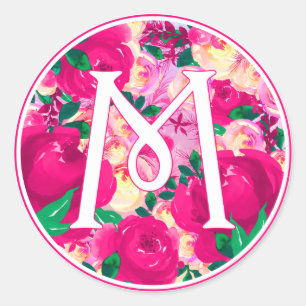 Letter M Pink Watercolor Floral Circle Monogram Classic Round Sticker