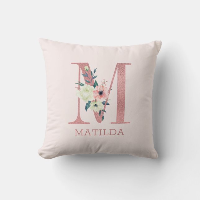 Letter M Pink Watercolor Floral Monogram Nursery Cushion (Front)