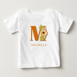 Letter M Sunflower Floral Monogram with Name Baby T-Shirt