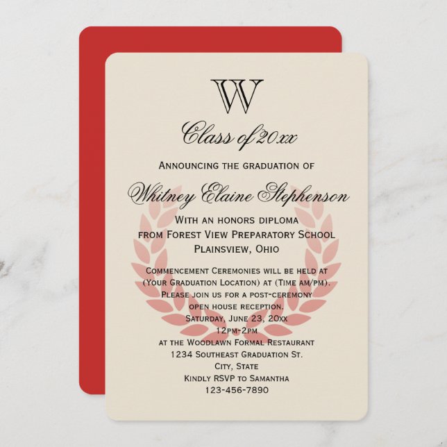 Letter Monogram Classic Red College Graduation Invitation (Front/Back)