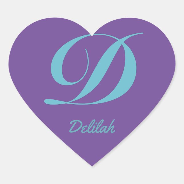 Letter Monogram Initial D Purple Blue calligraphy Heart Sticker (Front)