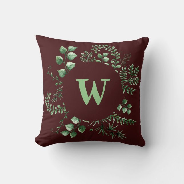 LETTER Monogram Initial Leafy Greenery Burgundy Cushion (Front)