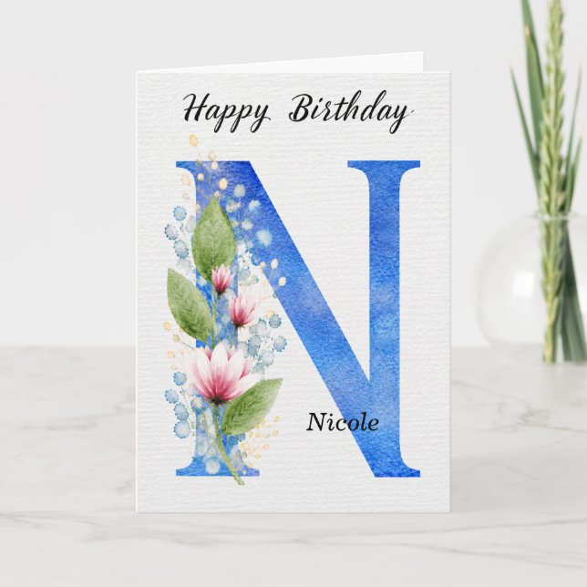 Letter N Birthday Custom Name Her Blue Monogram Card (Front)