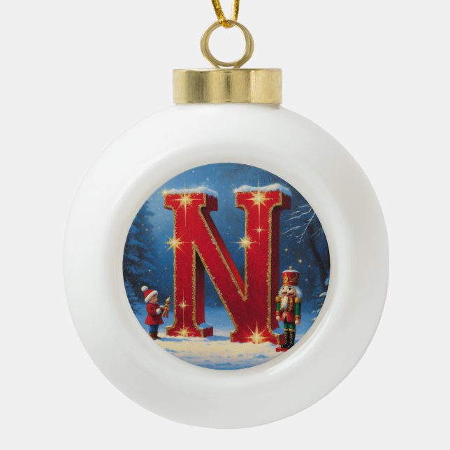 Letter N Christmas Nutcracker Personalized Initial Ceramic Ball Christmas Ornament (Front)