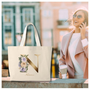 Letter N Elegant Floral Gold Monogram  Large Tote Bag