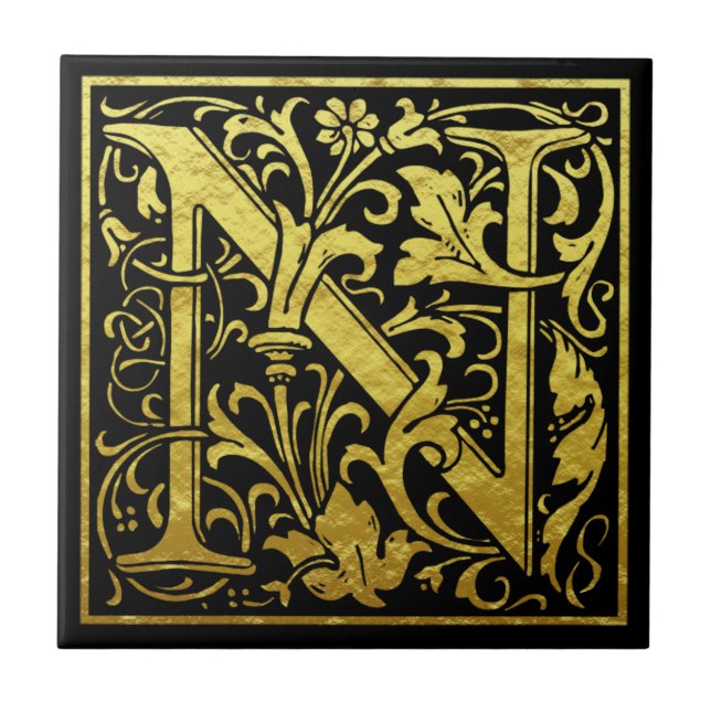 Letter N First Letter Faux Gold Black Tile (Front)