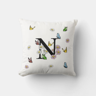 Letter N Floral Butterfly Monogram Initial  Cushion
