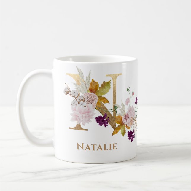 Letter N - Gold Floral Name sister coworker friend Coffee Mug (Left)