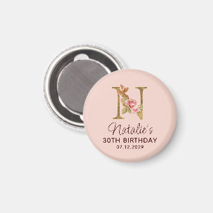 Letter N Gold Monogram Blush Pink Roses Magnet