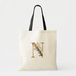 *~* Letter N Gold Monogram Initial Black Leaves Tote Bag