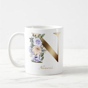 Letter N Gold Monogram Light Purple Cream Floral Coffee Mug