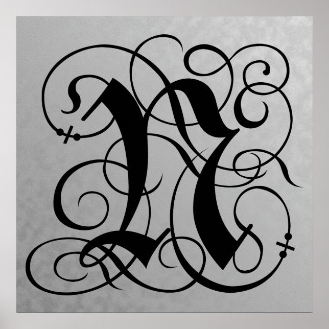Letter N, Gothic Monogram Black Poster (Front)