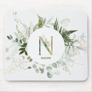 Letter N Green Fern & Eucalyptus Wreath Mouse Pad