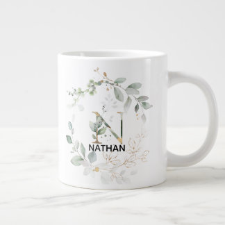 Letter N Initial Monogram Greenery Wreath w Gold Large Coffee Mug