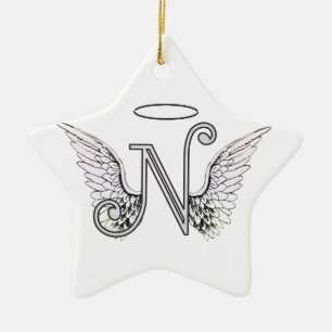 Letter N Initial Monogram with Angel Wings & Halo Ceramic Tree Decoration