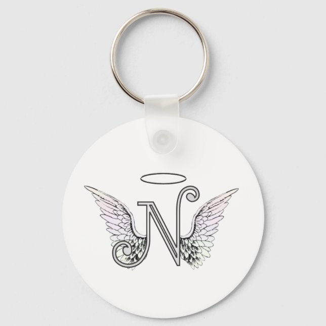 Letter N Initial Monogram with Angel Wings & Halo Key Ring (Front)