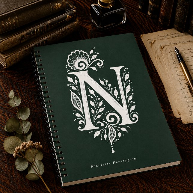 Letter N Linocut Botanical Monogram Notebook (Creator Uploaded)