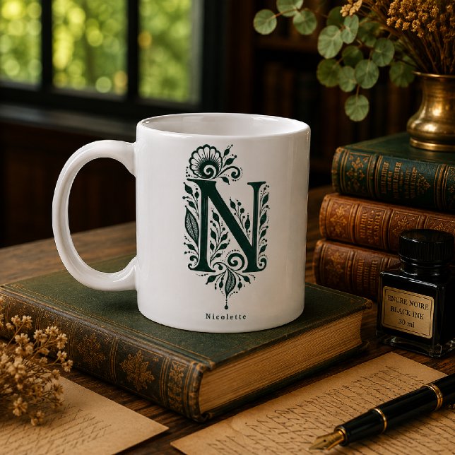Letter N Linocut Botanical Personalised Mug (Creator Uploaded)