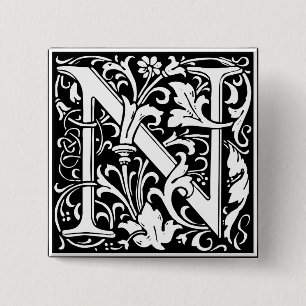 Letter N Mediaeval Monogram Art Nouveau 15 Cm Square Badge