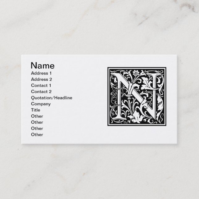 Letter N Mediaeval Monogram Art Nouveau Business Card (Front)
