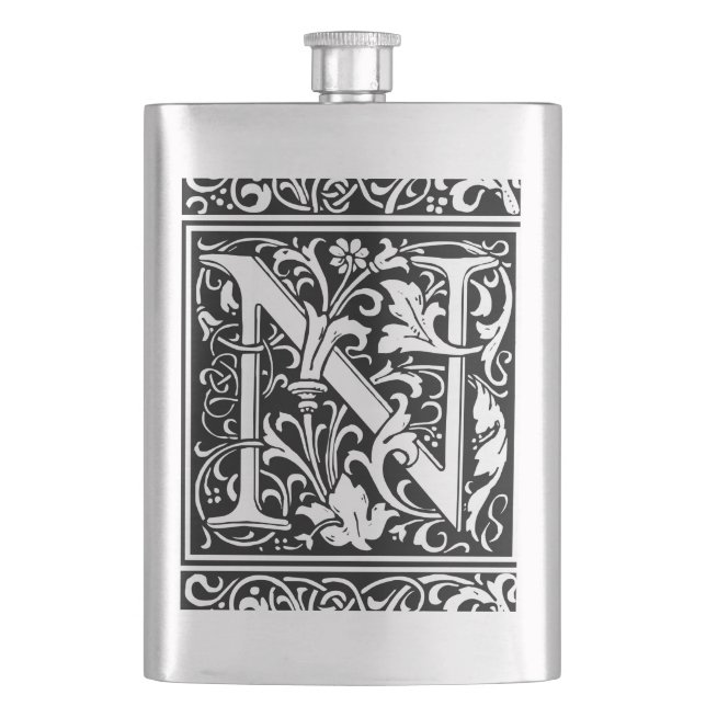 Letter N Mediaeval Monogram Art Nouveau Hip Flask (Front)
