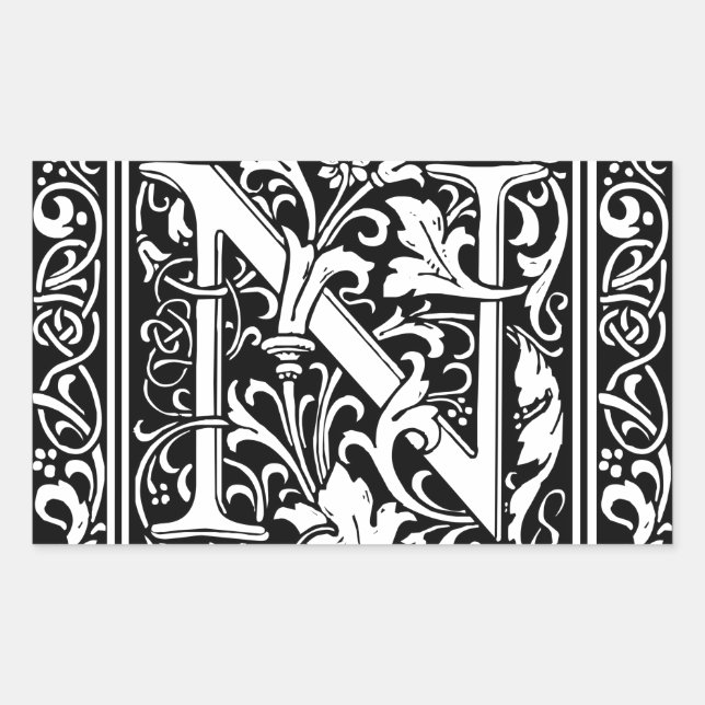 Letter N Mediaeval Monogram Art Nouveau Rectangular Sticker (Front)
