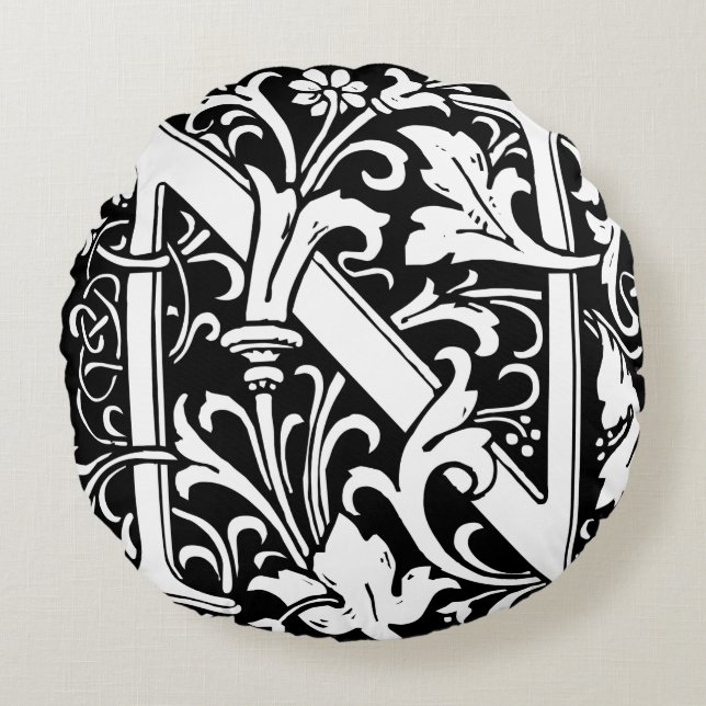 Letter N Mediaeval Monogram Art Nouveau Round Cushion (Front)
