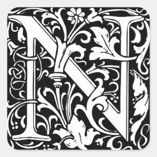 Letter N Mediaeval Monogram Art Nouveau Square Sticker