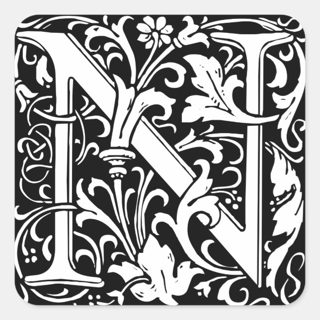 Letter N Mediaeval Monogram Art Nouveau Square Sticker (Front)