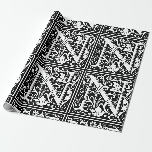 Letter N Mediaeval Monogram Art Nouveau Wrapping Paper (Unrolled)