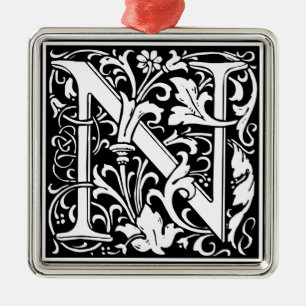 Letter N Mediaeval Monogram Vintage Initial Metal Tree Decoration
