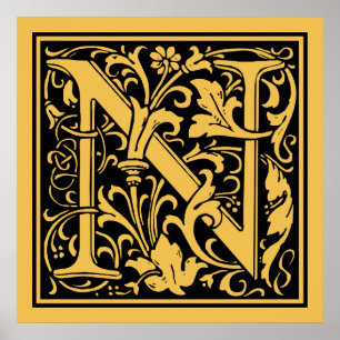 Letter N Mediaeval Monogram Vintage Initial Poster