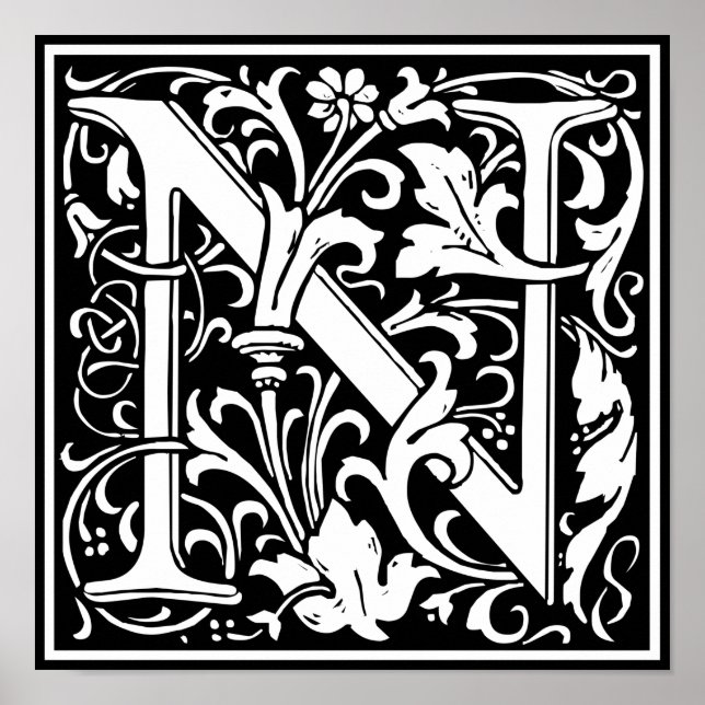 Letter N Mediaeval Monogram Vintage Initial Poster (Front)