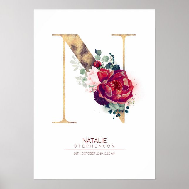 Letter N Monogram Floral Burgundy Red and Gold Poster (Front)