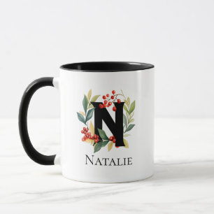 Letter N Monogram Initial Christmas Berry Wreath Mug