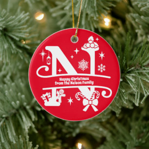 Letter N Monogram Initial Family Name Greeting Ceramic Tree Decoration