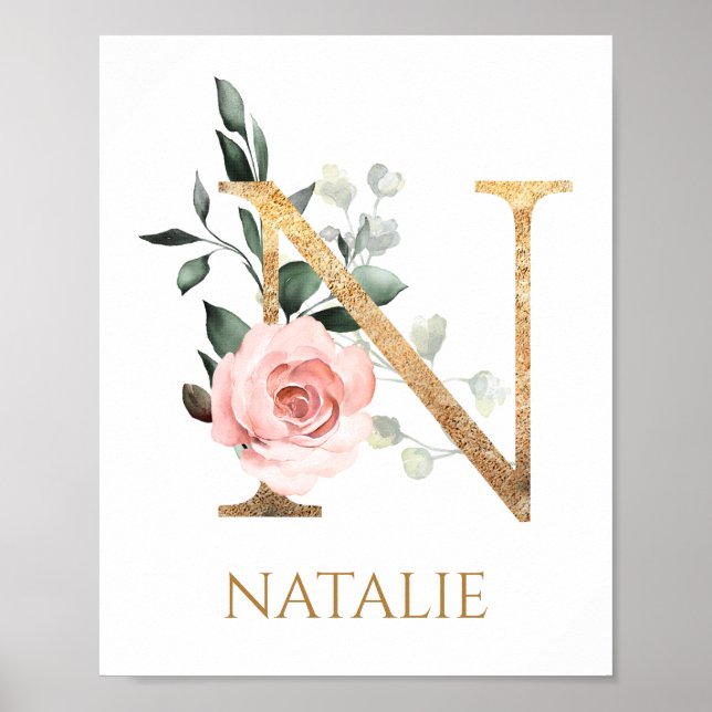 Letter N Monogram pink rose Nursery Poster (Front)