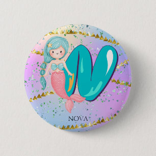 Letter N Monogram Watercolor Cute Mermaid Nursery 6 Cm Round Badge