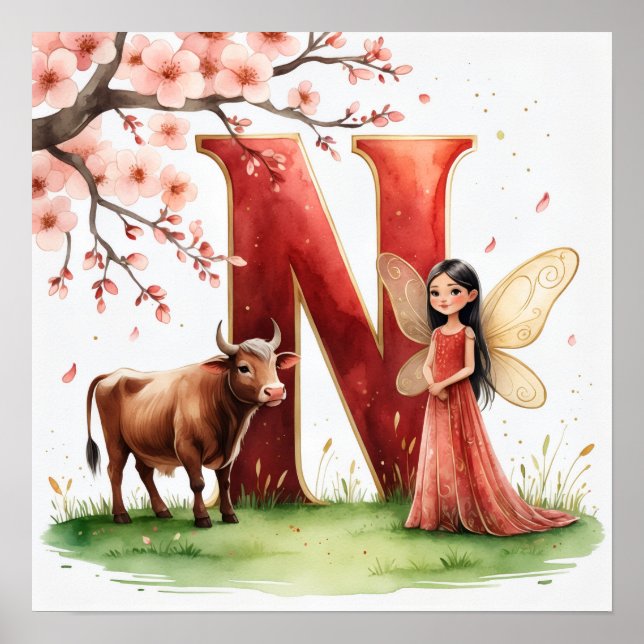 Letter N Ox Fairy Poster - Cherry Blossom Art (Front)
