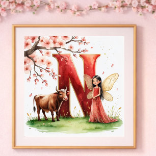 Letter N Ox Fairy Poster - Cherry Blossom Art
