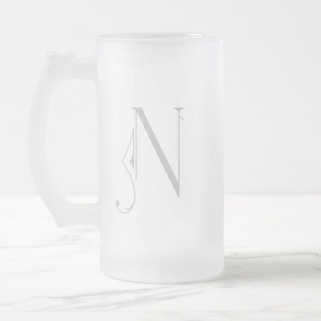 Letter N Scroll Typography Monogram Frosted Glass Beer Mug (Left)