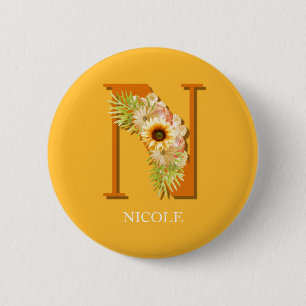 Letter N Sunflower Floral Monogram with Name 6 Cm Round Badge