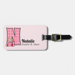 Letter N Teddy Bear in Pink Gingham Checks Luggage Tag