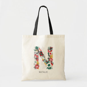 Letter N Whimsical Floral Letter Monogram I Tote Bag