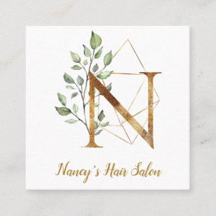 Letter N with Gold Geometric Design and Flowers Square Business Card