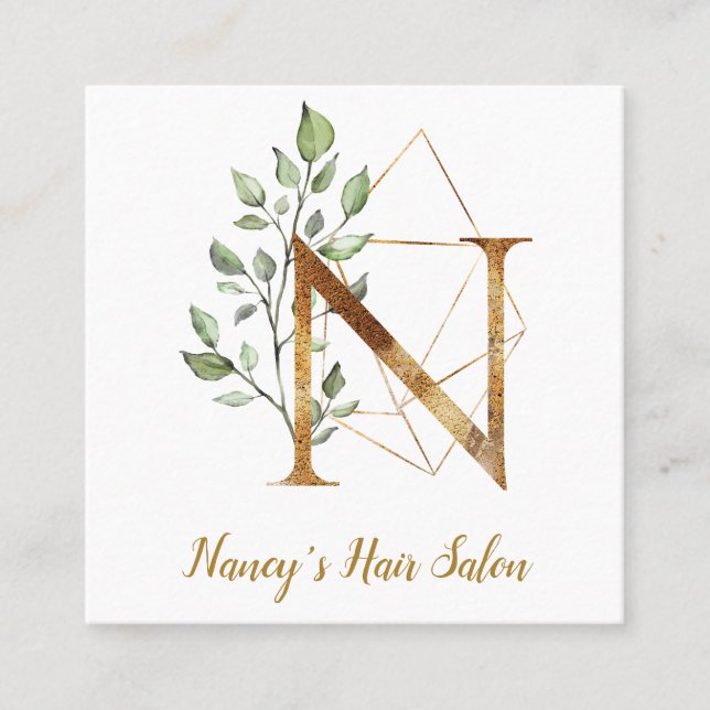 Letter N with Gold Geometric Design and Flowers Square Business Card (Front)