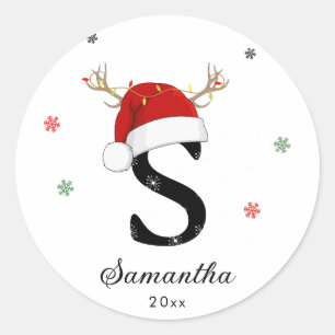 Letter Name Santa Hat Monogram Custom Initial Classic Round Sticker